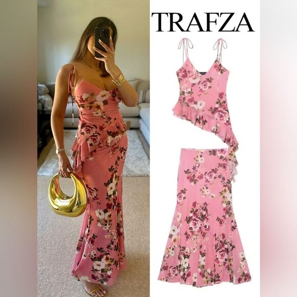 SET NWT ZARA PRINTEDβTULLE MAXI SKIRT AND TOP Pink Floral Size Small - Picture 1 of 12